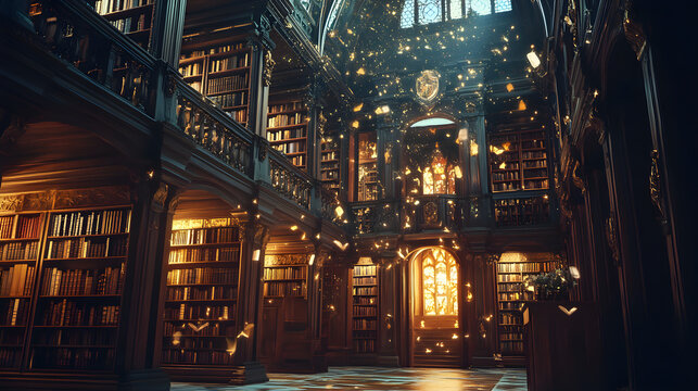 Biblioteca incantata libri aerei oggetti magici