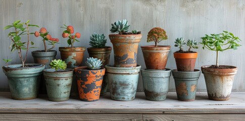 Vintage-style plant pots, aged and weathered, displayed against a neutral background. Antique garden decor concept