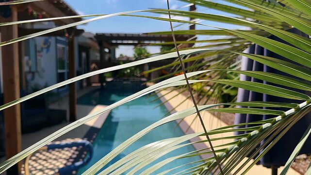 Green plant, backyard pool, poolside greenery, outdoor plant, pool area, lush foliage, 