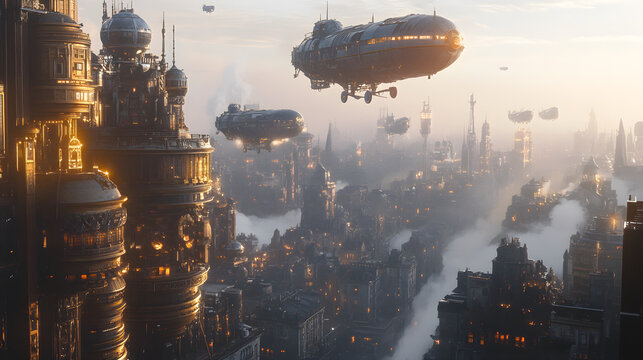 Imagen panor&aacute;mica de una ciudad Steampunk con dirigibles volando entre edificios gigantes
