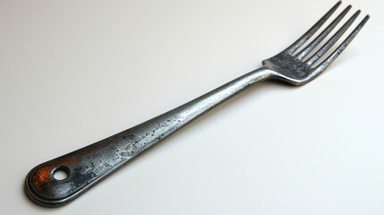 Wide-angle shot of a ground fork lying flat on a white background, highlighting its structure and design. Gardening tool concept