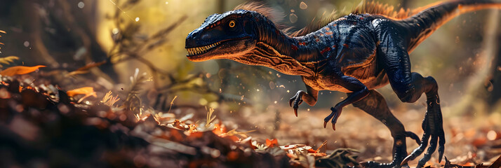 3D Illustration of a Dinosaur Running Through a Forest