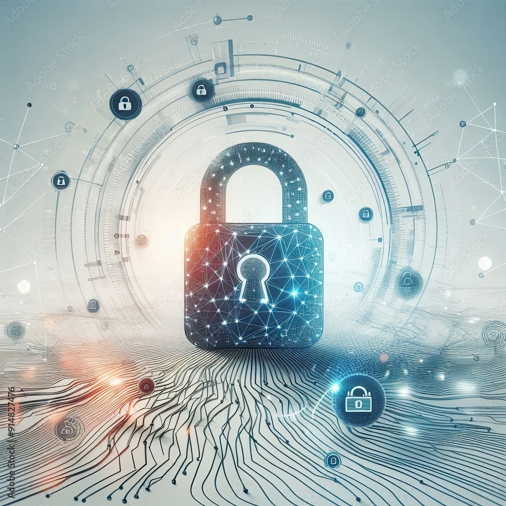 Poster abstract cyber security concept with a padlock icon, network data and dynamic lines on a light color