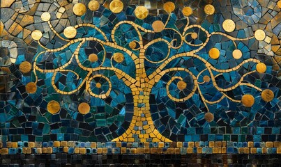 Colorful mosaic tree of life artwork . Small golden and turquoise mosaic tiles pattern forming a Tree of Life background, Generative AI 