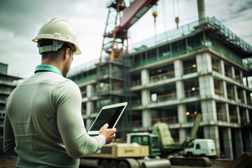 Engineer with Digital Tablet and Construction Site in Background