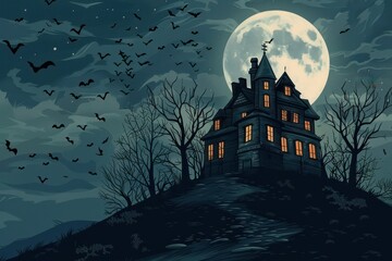 Fototapeta premium An old, spooky house on top of a hill with a full moon