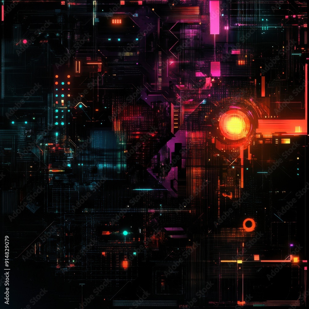 Poster neon cyberpunk dreams - futuristic abstract design with dark backgrounds and vibrant patterns