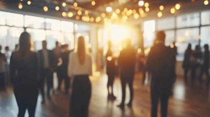 Blurred shot of business people at party in office center, standing and talking, backs turned, with food and champagne glasses on the table, creating a professional and elegant atmosphere
