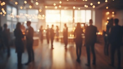Blurred shot of business people at party in office center, standing and talking, backs turned, with food and champagne glasses on the table, creating a professional and elegant atmosphere