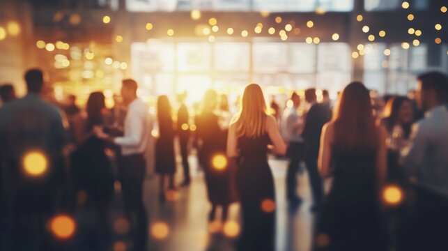 Blurred shot of business people at party in office center, standing and talking, backs turned, with food and champagne glasses on the table, creating a professional and elegant atmosphere