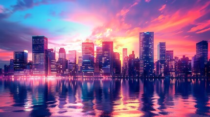 Fototapeta premium Cityscape at Dusk with Vibrant Sky and Water Reflections