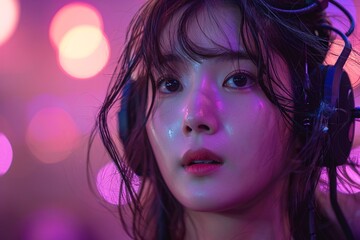 Expressive close-up of a Korean girl with headset on stage