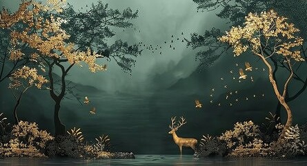 Interior mural wallpaper with dark green and golden forest trees and deer animal with birds wildlife illustration background, Generative AI 