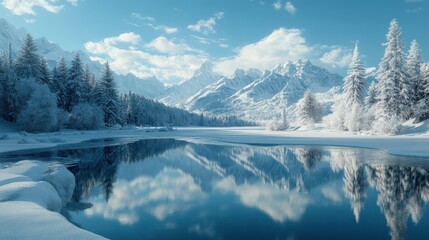 A beautiful snowy landscape with a large body of water reflecting the mountains
