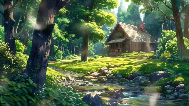 Cozy cottage nestled by a babbling brook in a serene forest setting. Fantasy landscape, looping 4k video animation background