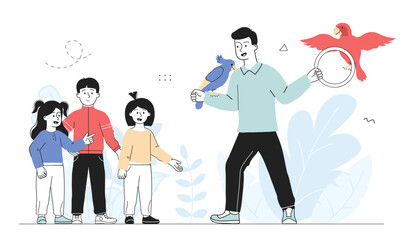 Bird training man. Man with blue and red bird shows performance to boys and girls. Tropical macaw and parakeet. Children in zoo. Linear vector illustration