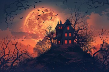 An old, spooky house on top of a hill with a full moon