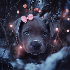 Staffy hiding behind a tree 