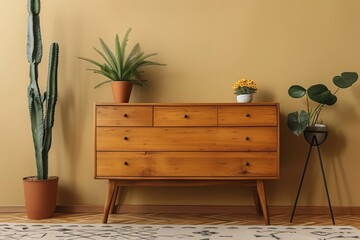 Mid-century modern teak wood dresser with simple lines and flat surfaces, featuring multiple drawers, a cactus in a pot, and a black metal flower stand, perfect for home office storage.