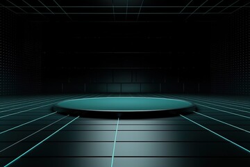 Obraz premium Minimalist 3D podium with blue glowing lines in a dark room.