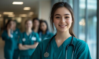 Confident Young Nursing Student with Medical Team: Portrait of Aspiring Healthcare Professionals in Hospital Setting. Surgical Scrubs, Internship Experience, and Career Aspirations Captured in High-Qu