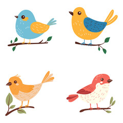 Collection of Colorful Cute Bird Animal Cartoon Perched on a Tree Branch
