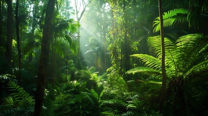 Fototapeta premium Sunlight Streaming Through Lush Rainforest Canopy