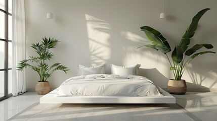 Minimalist bedroom with low bed and large, empty wall space