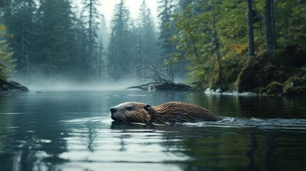 Obraz premium Brown bear cooling in a wild river, a majestic mammal swimming in its natural habitat