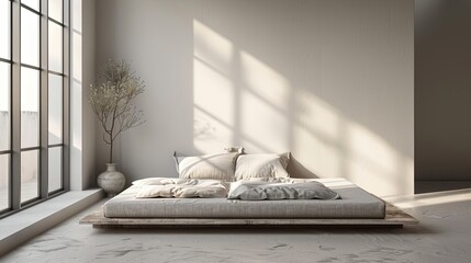 Minimalist bedroom with low bed and large, empty wall space