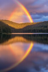 Naklejka premium A stunning rainbow over a peaceful lake, reflecting on the calm water and surrounded by forested hills, creating a tranquil atmosphere