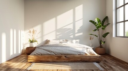 Minimalist bedroom with low bed and large, empty wall space