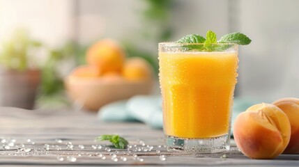 Fototapeta premium Golden peach juice in a clear glass with dewdrops around the rim and a mint leaf placed beside it.