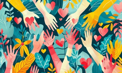 Obraz premium Charity illustration concept with abstract, diverse persons, hands and hearts, Generative AI 