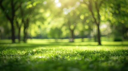 Natural Blurred Background: Spring Season in a Green Meadow. Forest Trees and New Life in a Public Park.