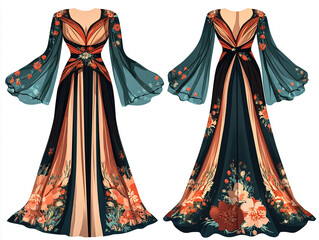 Bohemian maxi dress with floral patterns.Vector illustrations