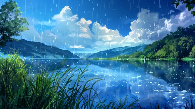 The tranquil lake mirrors the weeping sky. Fantasy landscape, looping 4k video animation background