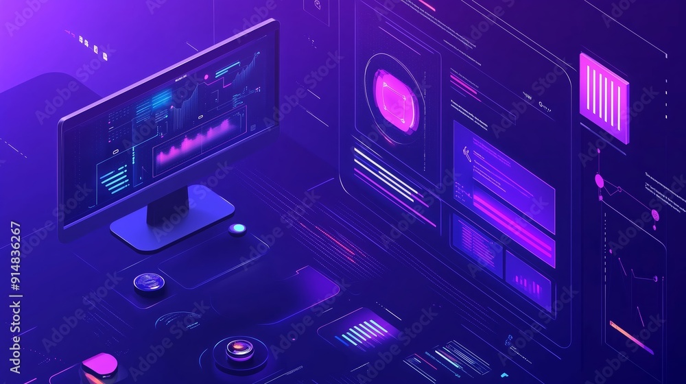 Poster futuristic computer setup featuring vibrant visuals and interactive interface in a dimly lit room