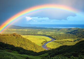 Obraz premium A vibrant rainbow arching over a lush green valley with a river winding through it, creating a picturesque and serene scene