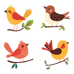 Collection of Colorful Cute Bird Animal Cartoon Perched on a Tree Branch