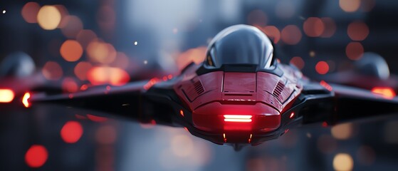 A futuristic red spaceship with glowing lights, soaring through a vibrant cityscape filled with colorful bokeh.