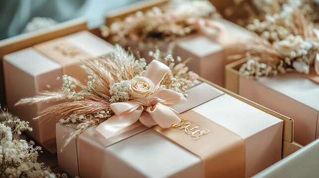 Bridesmaid proposal boxes with personalized gifts.Highly detailed , 8K