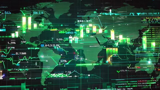 High-angle wide shot: Glowing green data streams flow across a world map backdrop. Financial charts, graphs, and numeric data overlay a dark background.