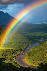 Obraz premium A vibrant rainbow arching over a lush green valley with a river winding through it, creating a picturesque and serene scene