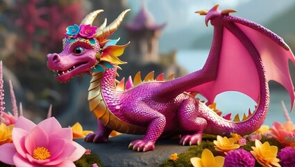 Fototapeta premium vibrant illustration of an adorable baby pink dragon adorned with colorful decorations and dazzling flowers