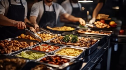 Obraz premium Group of people on catering buffet food indoor in restaurant with grilled meat