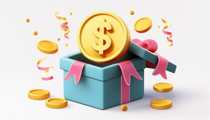 A gold dollar coin pops out of a gift box surrounded by confetti
