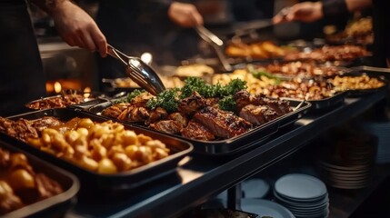 Obraz premium Group of people on catering buffet food indoor in restaurant with grilled meat