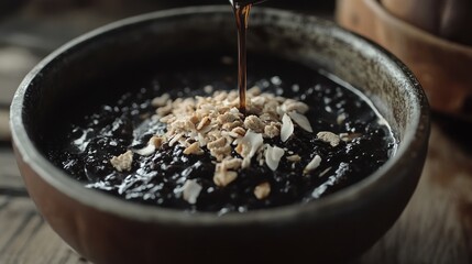 A cinematic close-up of a bowl of bubur ketan hitam, capturing the thick black glutinous rice porridge topped with coconut milk and palm sugar syrup. 