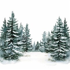 Fototapeta premium Watercolor painting of a winter forest with snow-covered trees, on isolated white background